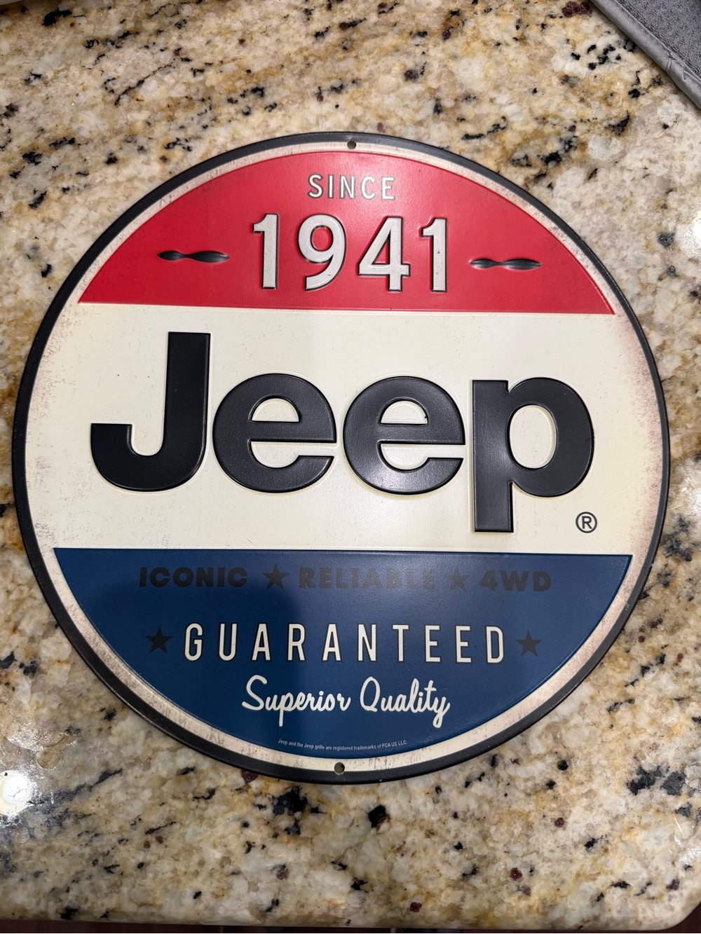 Jeep Round Metal Sign in Red, White & Navy Blue, 12x12 size